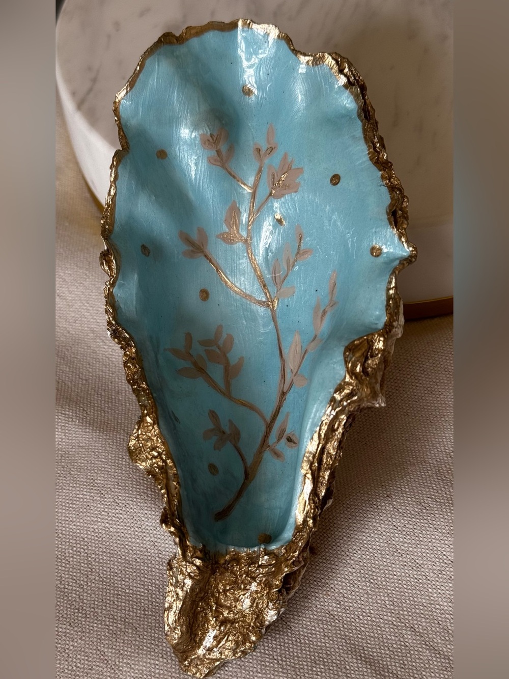 Hand-Painted Teal and Gold Decorative Dish made in Oyster Shell - Home Accents